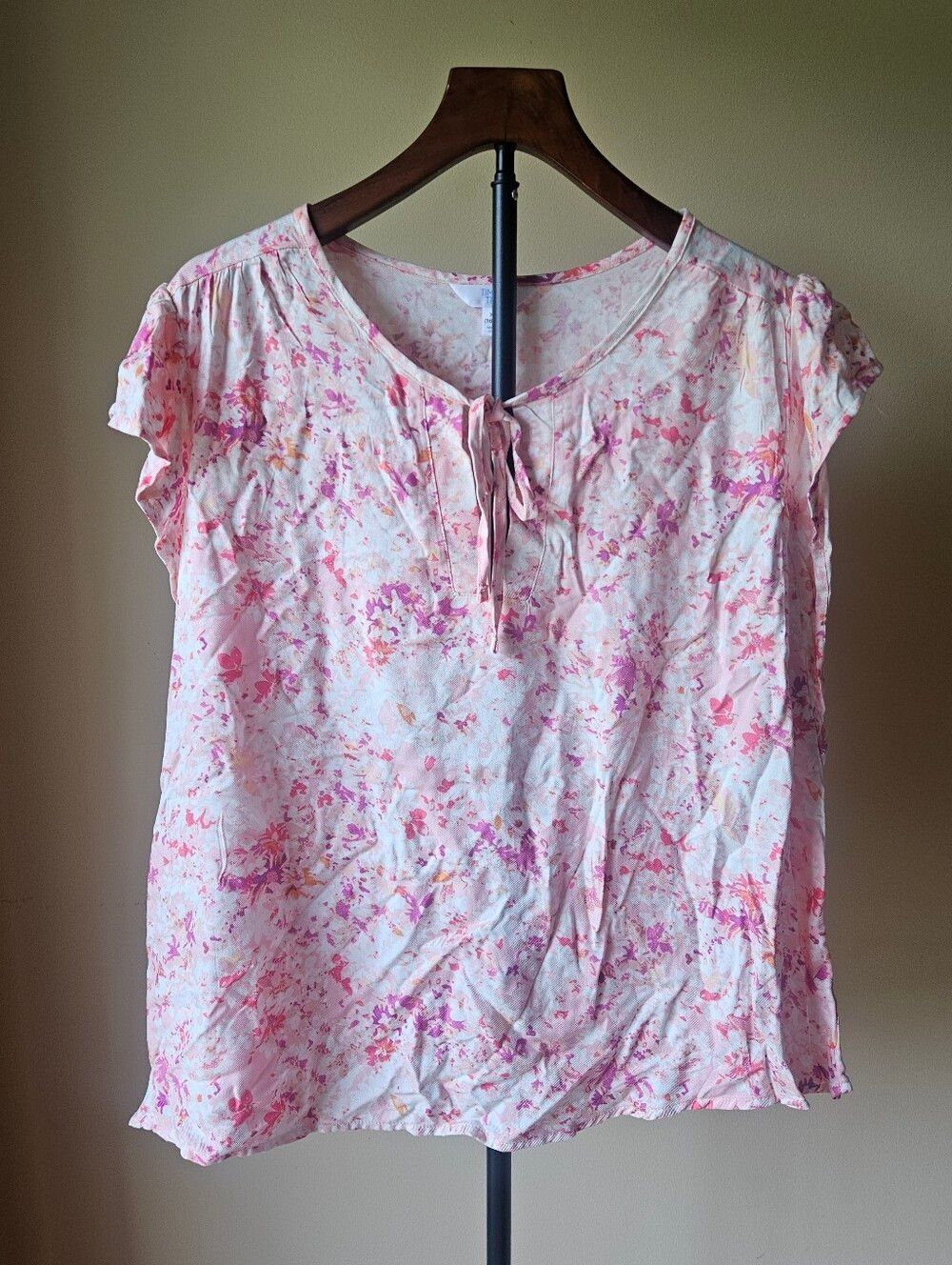 Time and Tru Pink Floral Tie-Neck Blouse Size XL